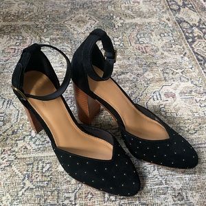 Soludos Suede Colette Heel, Black with Brass Dots, Size 8
